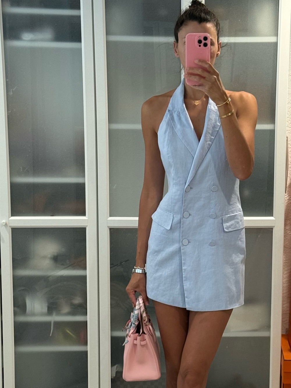 BARDOT Light Blue Halter Double-Breasted Linen Dress US4